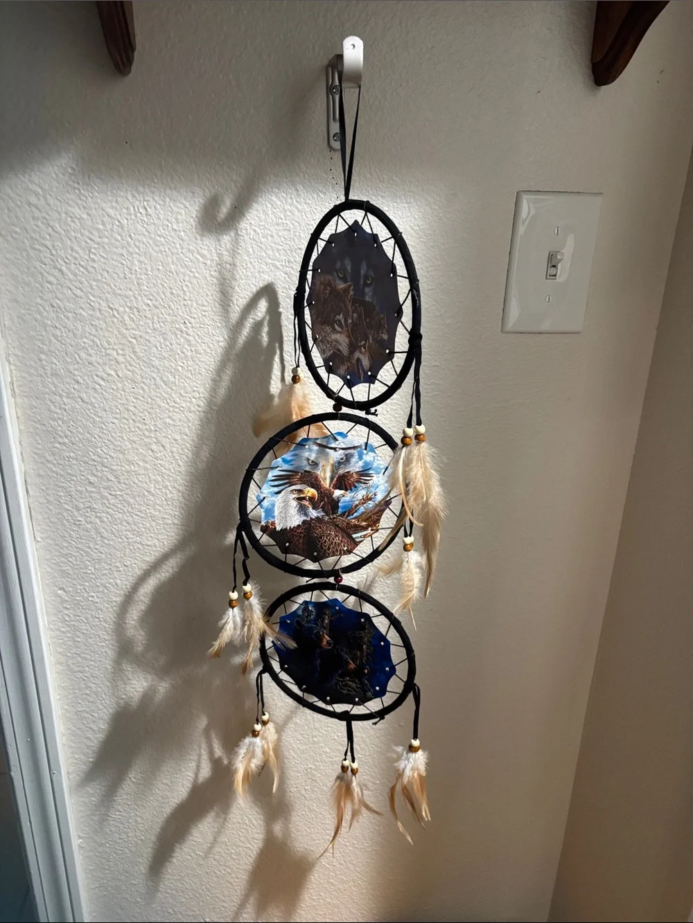 Black Triple Hoop Dreamcatcher Wall Decor with Feather Accents